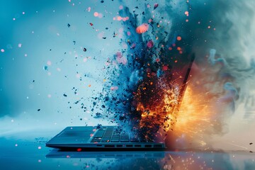 A conceptual representation of an exploding laptop with dynamic burst effect against a cool blue background.