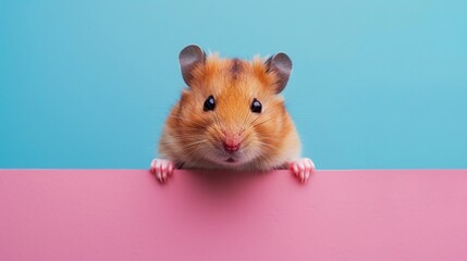 A curious hamster peeks over a pink and blue divide