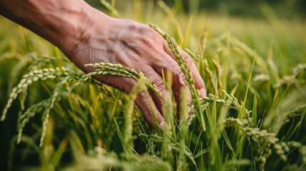 A detailed close-up of a hand gently touching rice plants in a field