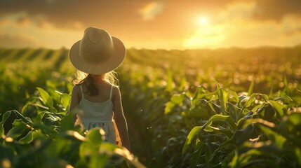 A curious young girl in a sunhat explores a verdant field of crops - obrazy, fototapety, plakaty