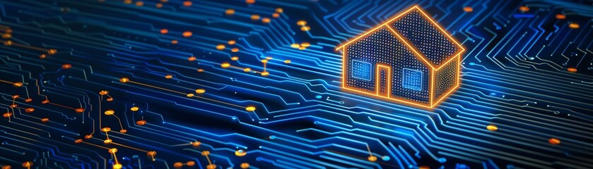 A glowing digital house outline over a blue circuit board pattern symbolizing smart home technology.