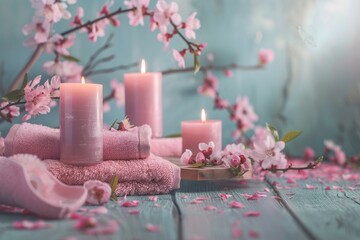 Obraz na płótnie Canvas A serene spa setting with pink candles blossoms