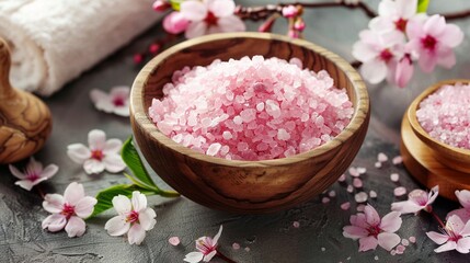 Obraz na płótnie Canvas A serene spa setup featuring pink bath salt in a wooden bowl with cherry blossoms around.
