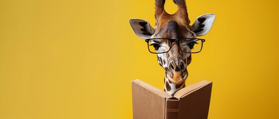 A studious giraffe with glasses engrossed in reading a book - obrazy, fototapety, plakaty