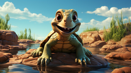 An adorable cartoon logo of a happy turtle sunbathing on a rock. - obrazy, fototapety, plakaty