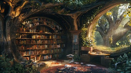 An ethereal and mystical library built within an ancient trees hollow