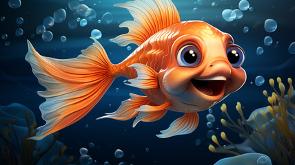 An adorable cartoon logo of a happy fish swimming in a coral reef.
