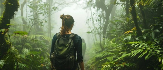 Back view of a woman hiking alone in a dense and misty rainforest. - obrazy, fototapety, plakaty