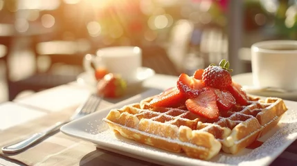 Foto op Plexiglas Belgian waffles with strawberries sunny cafe setting © Creative_Bringer