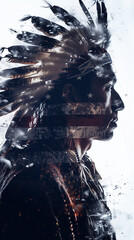 Fototapeta premium Native American & American flag. double exposure Celebrate heritage, pride. copy space.