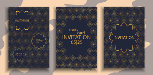 Luxury invitation card background set. Abstract Golden geometric shape, gold line gradient on dark background. Premium design for gala card, grand opening, party invitation, layout, templates.