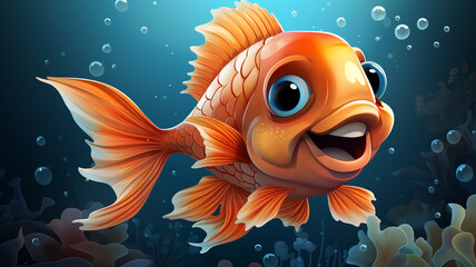 An adorable cartoon logo of a happy fish swimming in a coral reef.