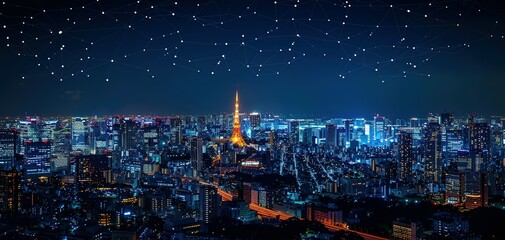 Network City Digital Connection Technology Concept. Wireless network and Connection technology concept with city background at nigh