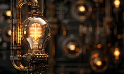 Steampunk light bulb glowing, fantasy concept for new ideas