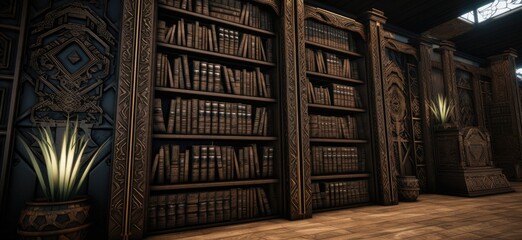 Explore the atmospheric charm of a home library, where a shelf adorned with old books evokes a sense of timeless wisdom and cozy nostalgia.