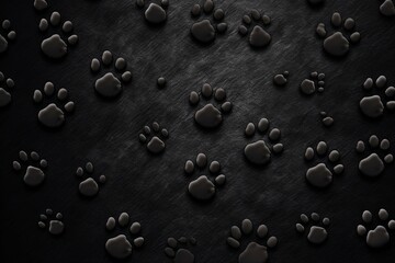 Fototapeta na wymiar Black paw prints on a background, minimalist backdrop pattern with copy space for design or photo, animal pet cute surface