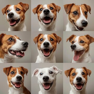 Collage of images Jack Russell Terrier dog expressing various human emotions.