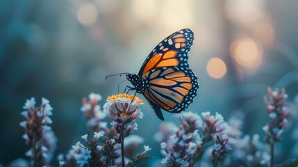A monarch butterfly perched gracefully on a blooming flower against a soft, dreamy dusk backdrop.