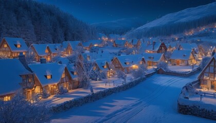 A magical winter scene unfolds as snow blankets a quaint village under a starlit sky, the warm glow of houses punctuating the frosty blue night.