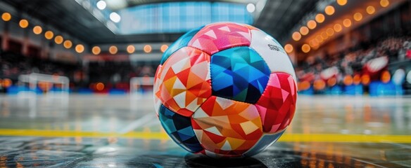 The vivid colors of a futsal ball in the foreground, with the indoor arena and its enthusiastic...