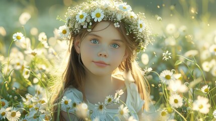 Enchanting Young Girl in Flower Crown Embracing Nature s Beauty in Sunlit Meadow