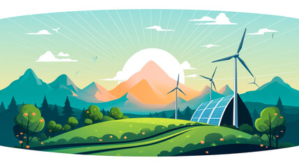 solar energy panels and wind turbine in sunset.
 - obrazy, fototapety, plakaty