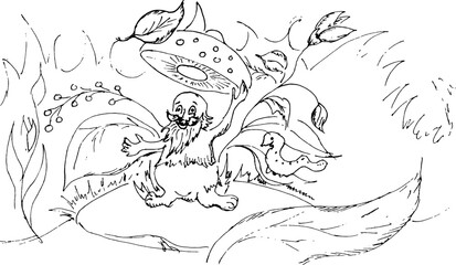 Mushroom has taken off his hat and is waving his hand. A sketch. Illustration. A hand-drawn drawing. Clipart. On a white background
