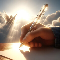 Close up shot of a hand with fountain pen made of glass shining in sunlight , an angel in sunlit background 