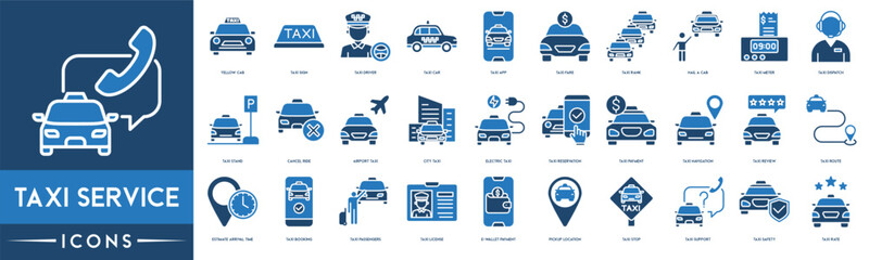 Taxi Service icon. Yellow Cab, Taxi Sign, Driver, Car, Taxi App, Fare, Rank, Hail a Cab, Taxi Meter and Dispatch icon set.