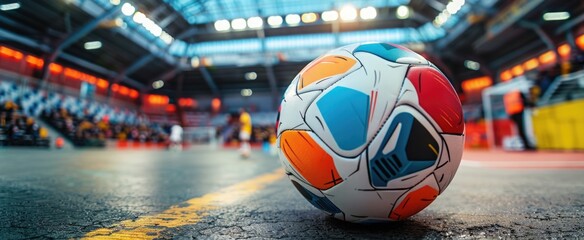 The vivid colors of a futsal ball in the foreground, with the indoor arena and its enthusiastic spectators softly blurred, reflecting the fast action and precision of futsal