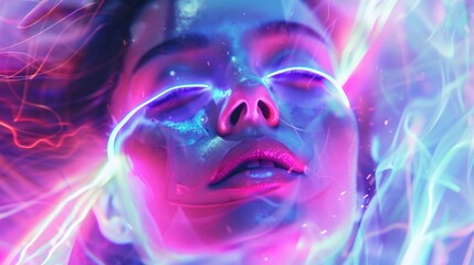 Futuristic portrait, character emitting psychic waves, surrounded by neon glows and pastel gradients, encapsulating imagination super realistic