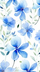 Fototapeta na wymiar Blue flower petals and leaves on white background seamless watercolor pattern spring floral backdrop