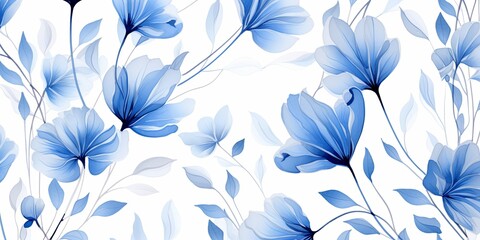 Blue flower petals and leaves on white background seamless watercolor pattern spring floral backdrop - obrazy, fototapety, plakaty