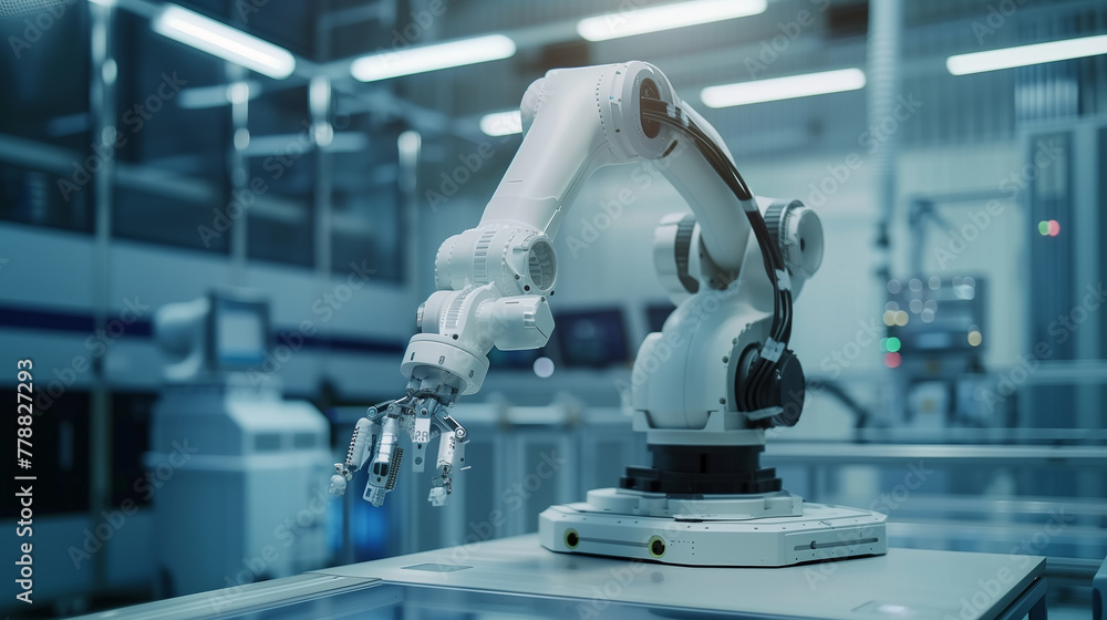 Poster robot working on metal parts in factory the robot is surrounded by other robots and machines. the sc