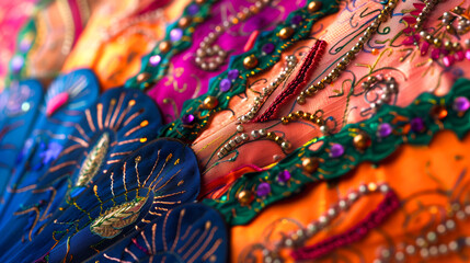 Intricate details of a Rajasthani hand fan made from vibrant fabrics