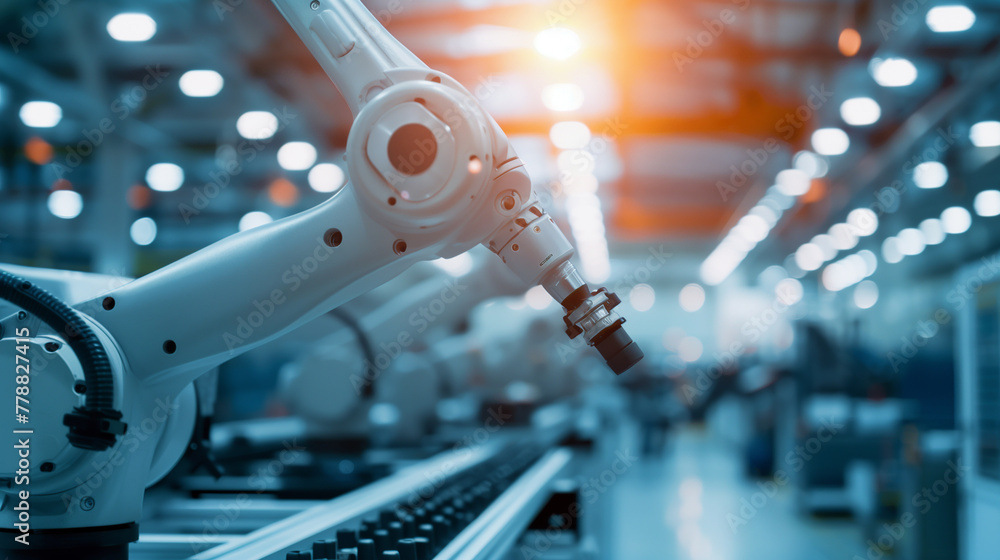 Poster robot working on metal parts in factory the robot is surrounded by other robots and machines. the sc