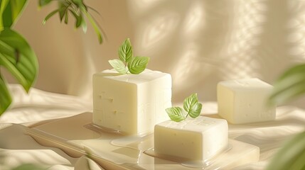 Freshly Crafted Cheese Cube with Aromatic Herb Garnish on Rustic Wooden Surface