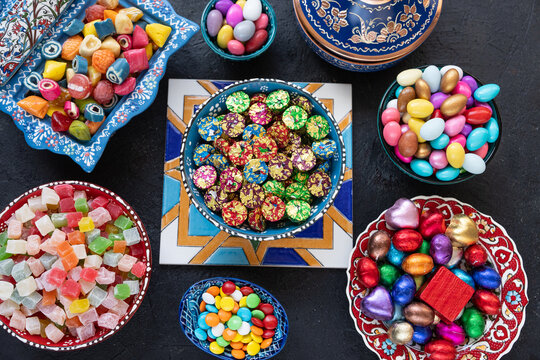 Colorful Ramadan Eid Candy and Chocolate Photo, Eid Celebration Among Family, Üsküdar Istanbul, Turkiye (Turkey)