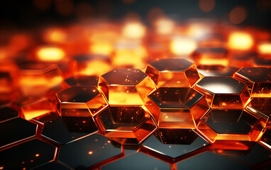 Obraz premium Abstract 3d rendering acrylic of golden hexagons with glowing golden lights background