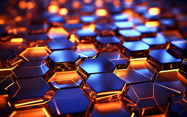 Abstract 3d rendering acrylic of blue hexagons with glowing golden lights background - obrazy, fototapety, plakaty