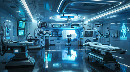 Futuristic hospital room with CT scan machine The room is bright and sterile with blue tones. The CT scan machine is the main focus of the room.