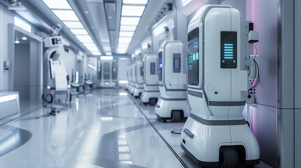 Futuristic hospital room with CT scan machine The room is bright and sterile with blue tones. The CT scan machine is the main focus of the room. - obrazy, fototapety, plakaty