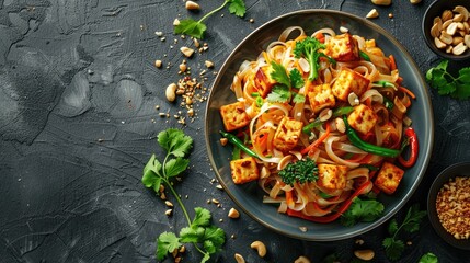 Delectable Pasta Dish with Fresh Tomatoes Herbs and Spices on a Rustic Dark Background