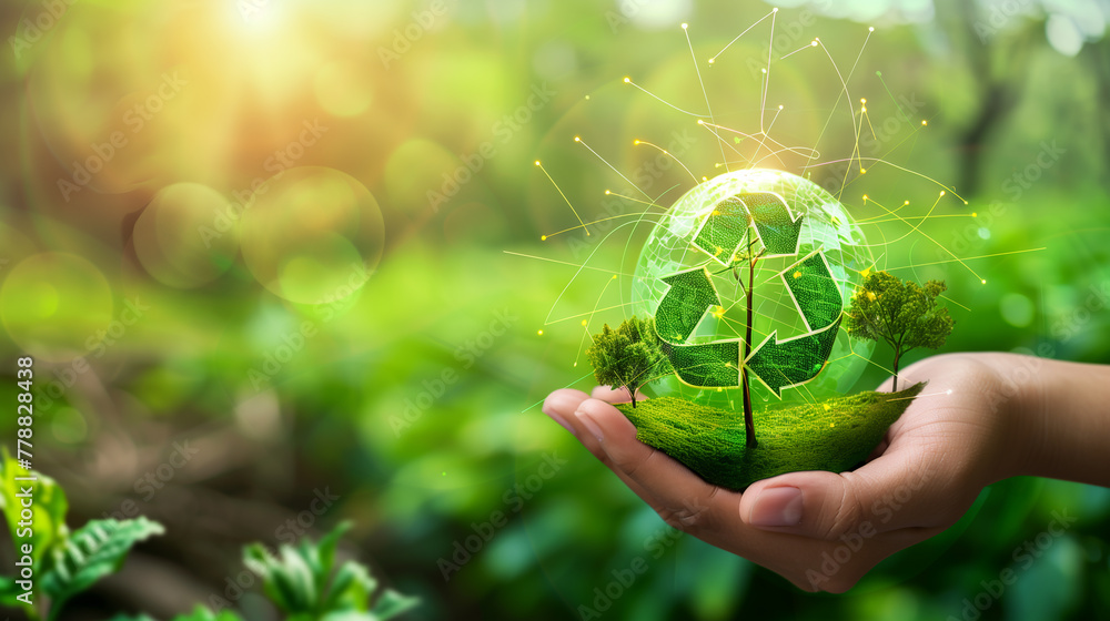 Poster one hand held a green globe with a star on it. the world is surrounded by trees and this image conve