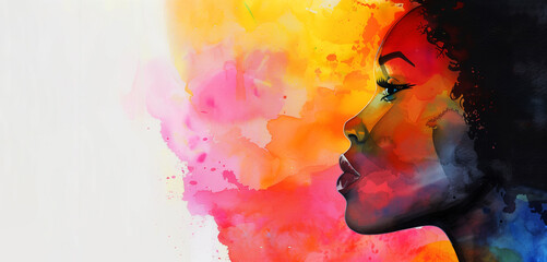 A woman with a big afro is painted in a colorful background. The painting is abstract and has a lot of different colors. Black woman watercolor painting style banner made