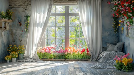   Large window, flowers on sill, and bed in front