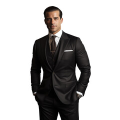 An Italian male businessman in an elegant suit holds a small bag. Png, transparent background