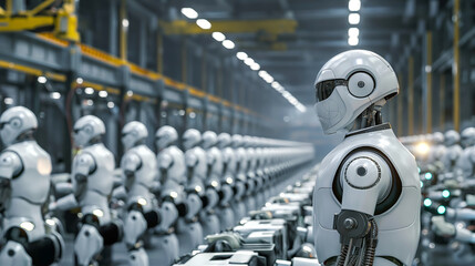 Robot standing amidst many robots. Reflects automation, AI development, and mass production in industry. Ideal for industrial and technological advancement themes - obrazy, fototapety, plakaty