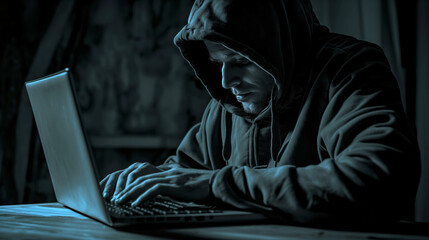 Hooded hacker typing in a dark room, illustrating themes of internet privacy, cyber security, and digital crime.