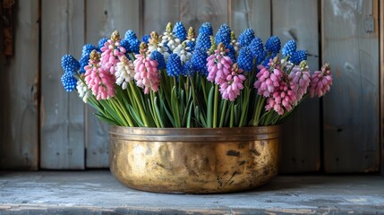  A gold vase overflowing with pink and blue blossoms atop a wooden table near a wooden wall